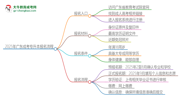 2025年廣東成考專升本怎么報(bào)名？報(bào)名流程是？思維導(dǎo)圖