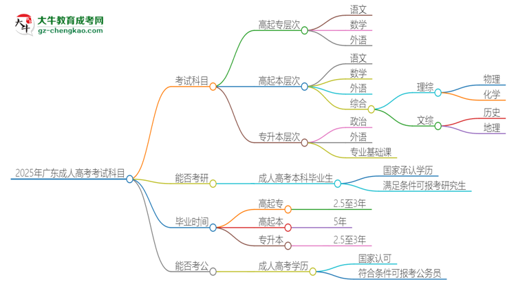 2025年廣東成人高考考試要考幾科？思維導(dǎo)圖