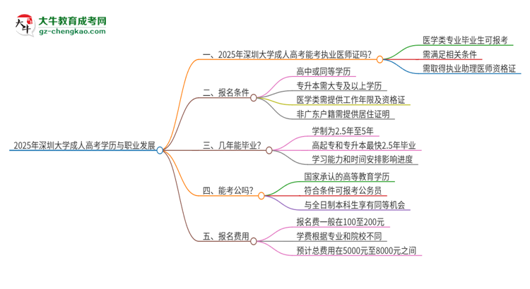 2025年深圳大學(xué)的成人高考學(xué)歷能報考執(zhí)業(yè)醫(yī)師證嗎？思維導(dǎo)圖