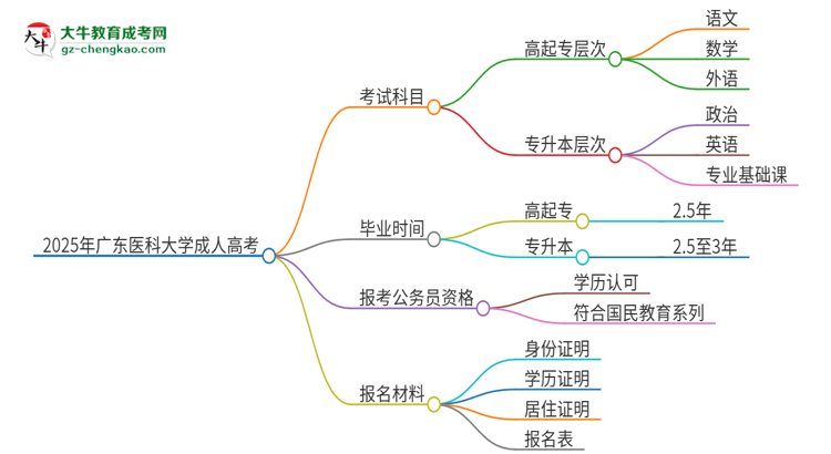 2025年廣東醫(yī)科大學(xué)成人高考入學(xué)考試考幾科？思維導(dǎo)圖