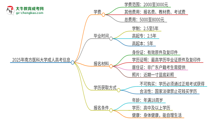 2025年南方醫(yī)科大學(xué)成人高考一年學(xué)費(fèi)要多少？思維導(dǎo)圖