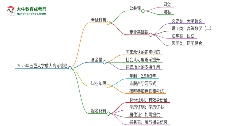 2025年五邑大學(xué)成人高考入學(xué)考試考幾科？思維導(dǎo)圖