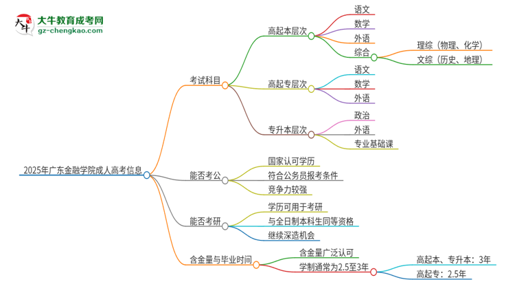 2025年廣東金融學院成人高考入學考試考幾科？思維導圖