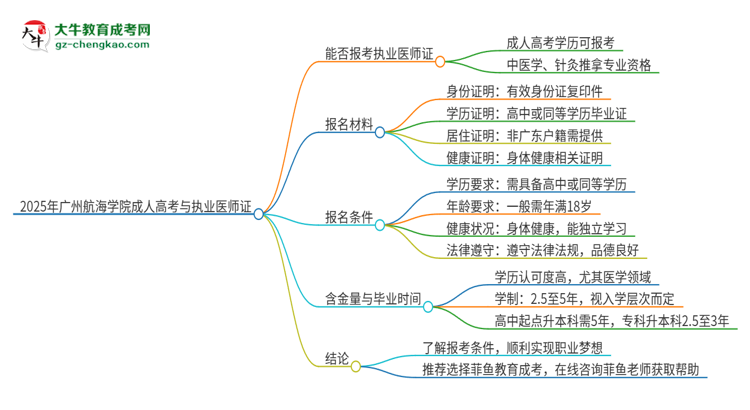2025年廣州航海學院的成人高考學歷能報考執(zhí)業(yè)醫(yī)師證嗎？思維導圖