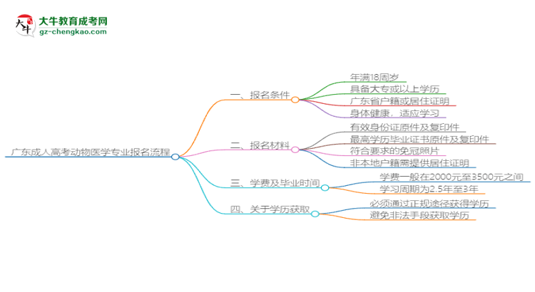 廣東成人高考動物醫(yī)學(xué)專業(yè)2025年報名流程思維導(dǎo)圖