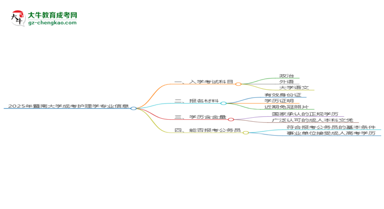 2025年暨南大學(xué)成考護理學(xué)專業(yè)入學(xué)考試科目有哪些？思維導(dǎo)圖