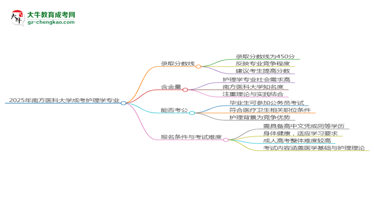2025年南方醫(yī)科大學(xué)成考護(hù)理學(xué)專業(yè)錄取分?jǐn)?shù)線是多少？思維導(dǎo)圖