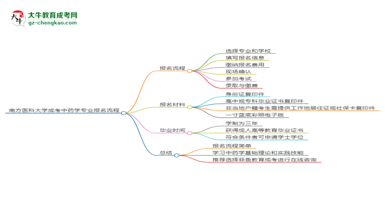 南方醫(yī)科大學(xué)成考中藥學(xué)專業(yè)2025年報名流程思維導(dǎo)圖