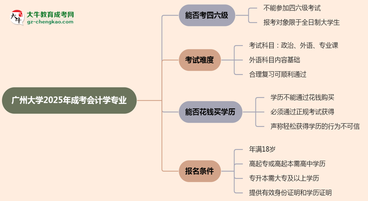 廣州大學(xué)2025年成考會計學(xué)專業(yè)生可不可以考四六級？思維導(dǎo)圖