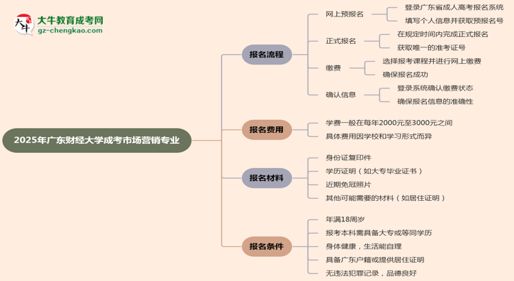 廣東財(cái)經(jīng)大學(xué)成考市場(chǎng)營(yíng)銷(xiāo)專業(yè)2025年報(bào)名流程思維導(dǎo)圖