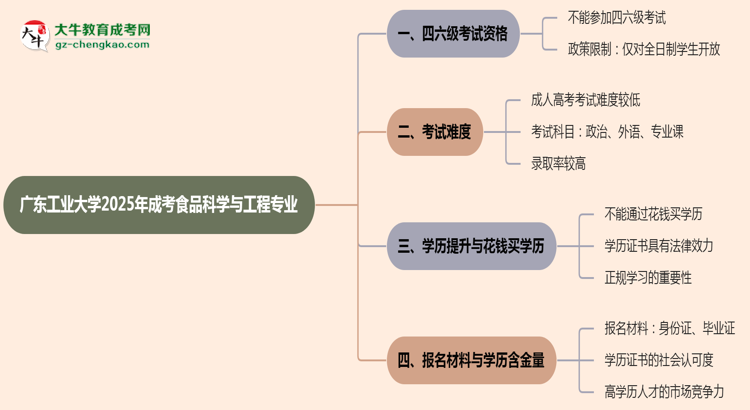 廣東工業(yè)大學(xué)2025年成考食品科學(xué)與工程專業(yè)生可不可以考四六級？思維導(dǎo)圖