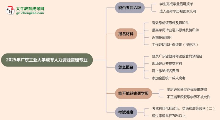 廣東工業(yè)大學(xué)2025年成考人力資源管理專業(yè)生可不可以考四六級？思維導(dǎo)圖