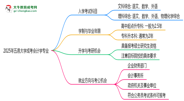 2025年五邑大學(xué)成考會(huì)計(jì)學(xué)專業(yè)入學(xué)考試科目有哪些？思維導(dǎo)圖