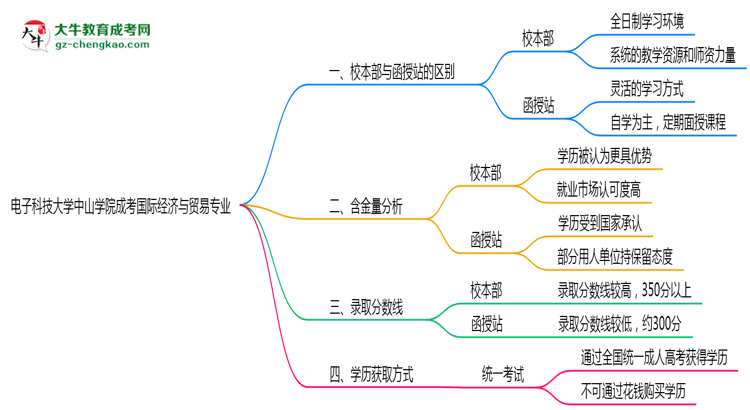 電子科技大學(xué)中山學(xué)院2025年成考國際經(jīng)濟(jì)與貿(mào)易專業(yè)校本部和函授站哪個更好？思維導(dǎo)圖