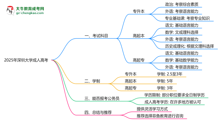 2025年深圳大學(xué)成人高考入學(xué)考試科目有哪些？思維導(dǎo)圖