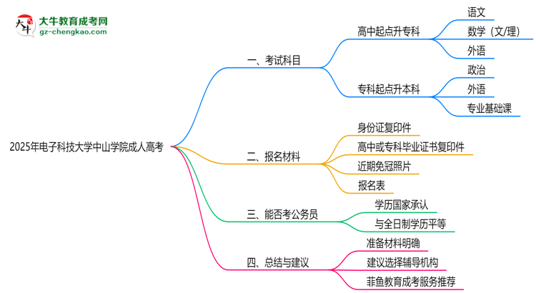 2025年電子科技大學(xué)中山學(xué)院成人高考入學(xué)考試科目有哪些？思維導(dǎo)圖