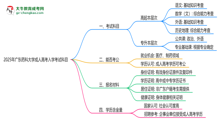 2025年廣東藥科大學(xué)成人高考入學(xué)考試科目有哪些？思維導(dǎo)圖