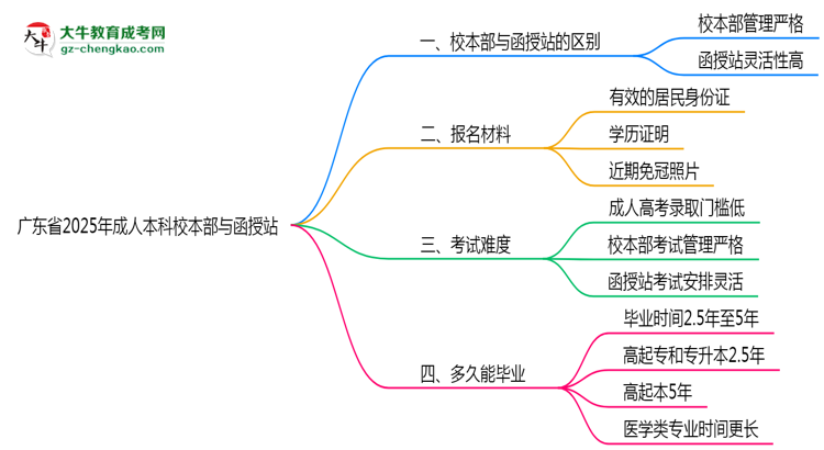 廣東省2025年成人本科校本部和函授站哪個(gè)更好？思維導(dǎo)圖