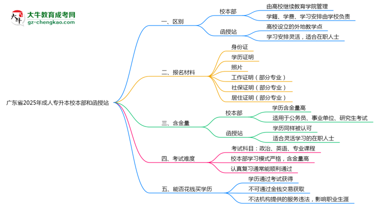 廣東省2025年成人專升本校本部和函授站哪個(gè)更好？思維導(dǎo)圖