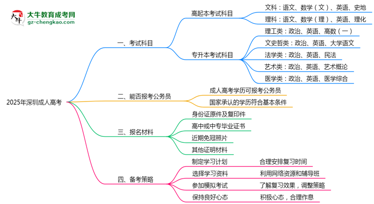 必看！2025深圳成人高考入學(xué)考試科目及備考策略匯總思維導(dǎo)圖