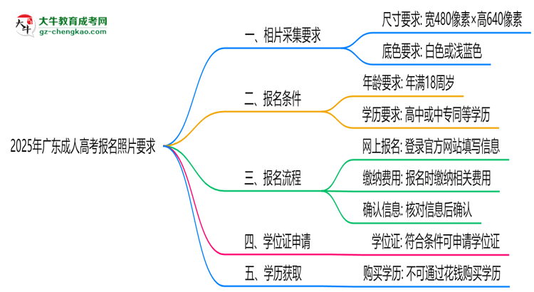 2025年廣東成人高考報名照片要求：尺寸+底色思維導圖