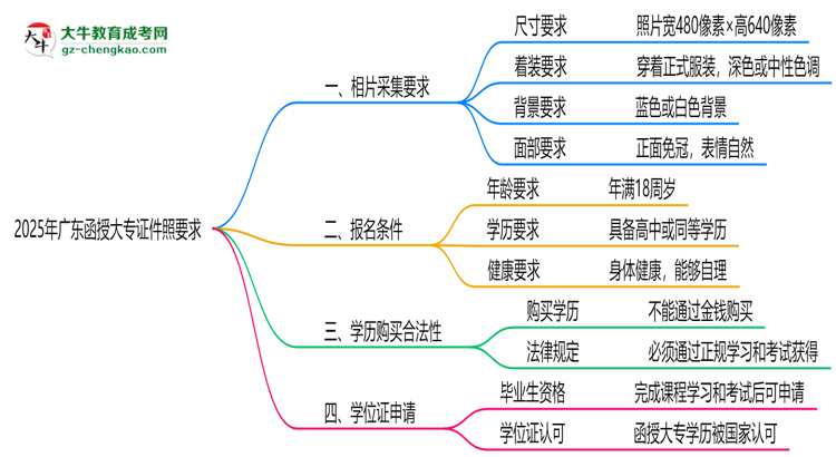 2025年廣東函授大專證件照要求：藍(lán)底/尺寸/修圖思維導(dǎo)圖
