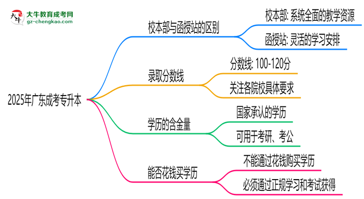 2025年報(bào)廣東成考專(zhuān)升本選校本部or函授站？區(qū)別解析思維導(dǎo)圖