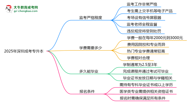 2025年深圳成考專(zhuān)升本考場(chǎng)監(jiān)考嚴(yán)格程度說(shuō)明思維導(dǎo)圖