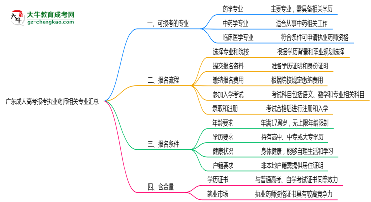 廣東成人高考報(bào)考執(zhí)業(yè)藥師相關(guān)專(zhuān)業(yè)匯總思維導(dǎo)圖