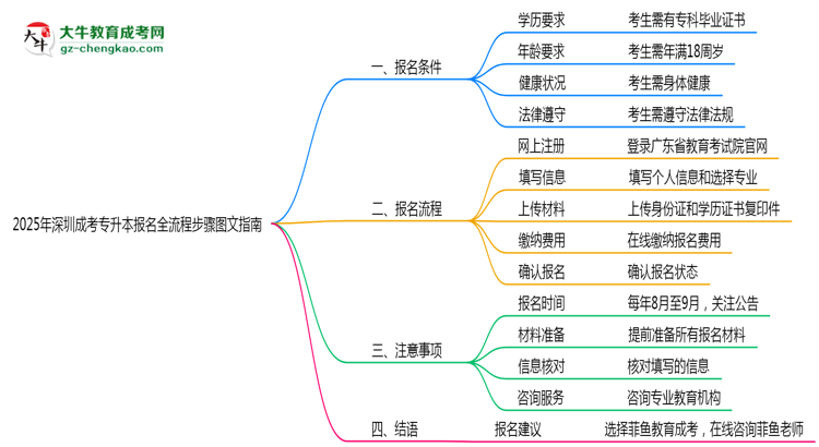 2025年深圳成考專升本報(bào)名全流程步驟圖文指南思維導(dǎo)圖